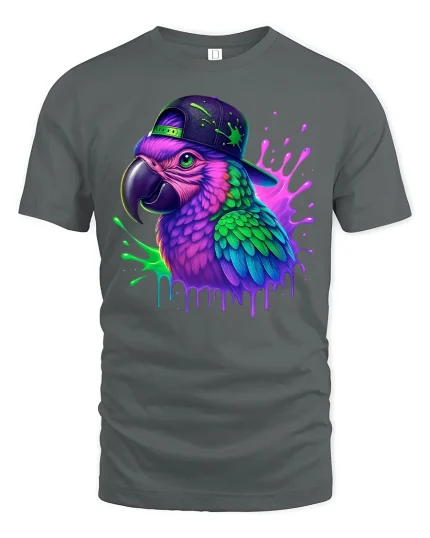 Neon Graffiti Parrot Street Art Graphic T Shirt Urban Style - gray t-shirt on white background