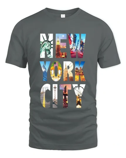 New York City Landmark Photo Typography Graphic T Shirt - gray t-shirt on white background