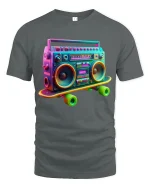 Retro Boombox Skateboard Graphic Tee Neon Music Style - gray t-shirt on white background