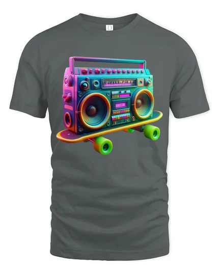 Retro Boombox Skateboard Graphic Tee Neon Music Style - gray t-shirt on white background