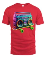 Retro Boombox Skateboard Graphic Tee Neon Music Style - red t-shirt on white background