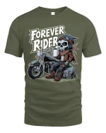 Forever Rider Skeleton Biker Graphic T Shirt Road Life - military green t-shirt on white background