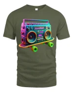 Retro Boombox Skateboard Graphic Tee Neon Music Style - military green t-shirt on white background