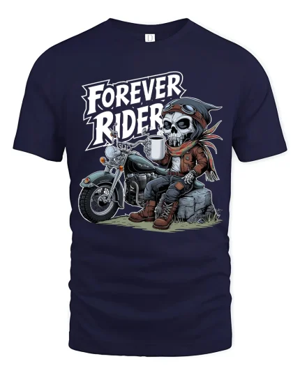 Forever Rider Skeleton Biker Graphic T Shirt Road Life - navy t-shirt on white background