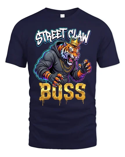 Street Claw Boss Tiger Graphic T Shirt Urban Power Style - navy t-shirt on white background