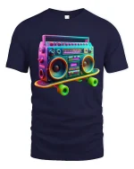 Retro Boombox Skateboard Graphic Tee Neon Music Style - navy t-shirt on white background
