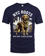 NYC Roots Golden Dog Graphic T Shirt Urban Culture Style - navy t-shirt on white background