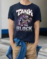 Tank Of The Block Hippo Graphic T Shirt Street Power - model wearing navy tee with hands in pockets