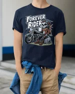 Forever Rider Skeleton Biker Graphic T Shirt Road Life - model wearing navy tee with hands in pockets