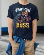 Street Claw Boss Tiger Graphic T Shirt Urban Power Style - model wearing navy tee with hands in pockets