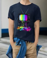Retro Color Melt Television Graphic T Shirt Artistic Vibe - model wearing navy tee with hands in pockets