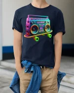 Retro Boombox Skateboard Graphic Tee Neon Music Style - model wearing navy tee with hands in pockets