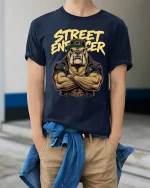 Street Enforcer Bulldog Graphic T Shirt Tough Urban Style - model wearing navy tee with hands in pockets