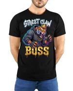Street Claw Boss Tiger Graphic T Shirt Urban Power Style - model wearing black tee with hands behind back