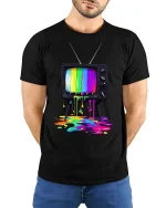 Retro Color Melt Television Graphic T Shirt Artistic Vibe - model wearing black tee with hands behind back