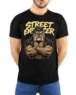 Street Enforcer Bulldog Graphic T Shirt Tough Urban Style - model wearing black tee with hands behind back