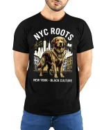 NYC Roots Golden Dog Graphic T Shirt Urban Culture Style - model wearing black tee with hands behind back