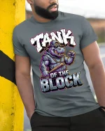 Tank Of The Block Hippo Graphic T Shirt Street Power - model wearing grey tee, leaning on column