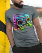 Retro Boombox Skateboard Graphic Tee Neon Music Style - model wearing grey tee, leaning on column
