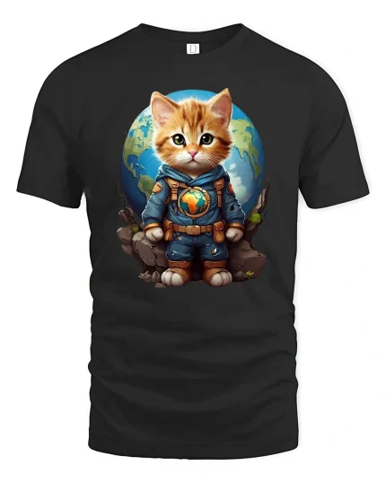 Astronaut Cat Earth Explorer Graphic T Shirt Cute Space Art - black t-shirt on white background