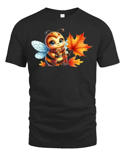 Cute Autumn Bee With Scarf And Fall Leaves Graphic T Shirt - black t-shirt on white background