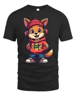 Cute Street Style Dog With Hoodie And Headphones Graphic T Shirt - black t-shirt on white background