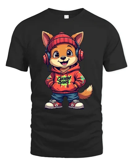 Cute Street Style Dog With Hoodie And Headphones Graphic T Shirt - black t-shirt on white background