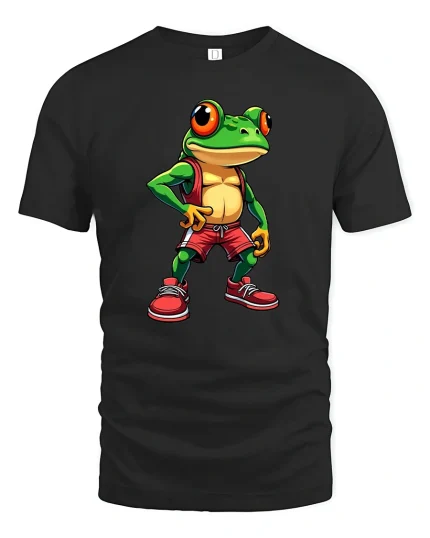 Funny Cool Frog Cartoon Character Graphic T Shirt - black t-shirt on white background