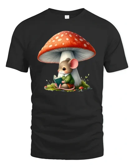 Cute Mouse Reading Under Mushroom Cartoon Art Graphic T Shirt - black t-shirt on white background