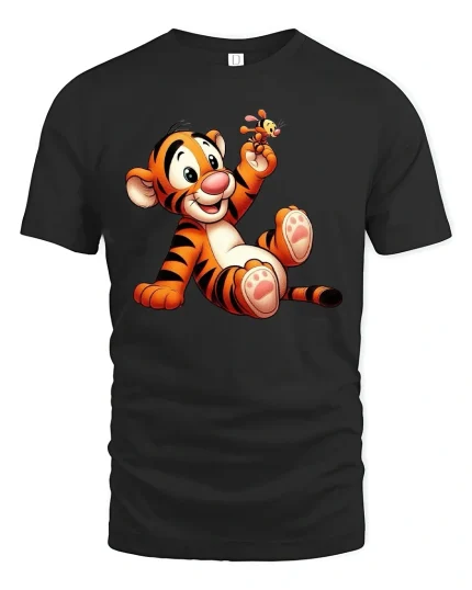 Cute Playful Tiger Cartoon Butterfly Art Graphic T Shirt - black t-shirt on white background