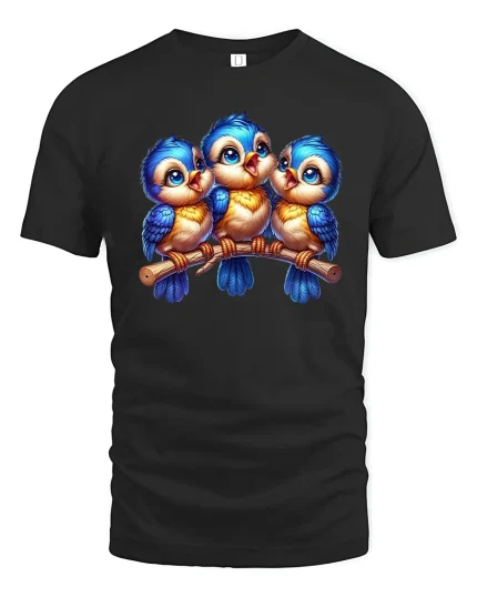 Cute Blue Birds Cartoon Family Art Illustration Graphic T Shirt - black t-shirt on white background