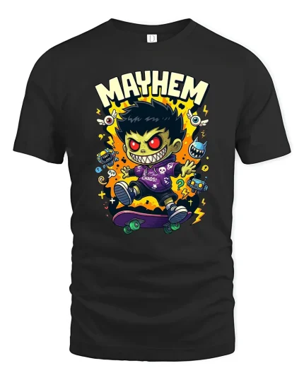 Mayhem Chaos Skate Kid Graphic T Shirt Cartoon Energy - black t-shirt on white background