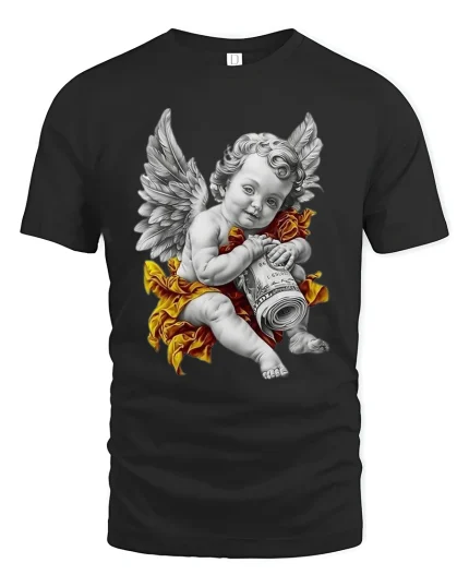Angel Cherub Money Art Luxury Vintage Style Graphic T Shirt - black t-shirt on white background