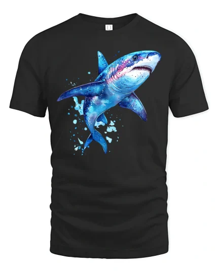Watercolor Shark Ocean Art Graphic T Shirt Bold Sea Style - black t-shirt on white background