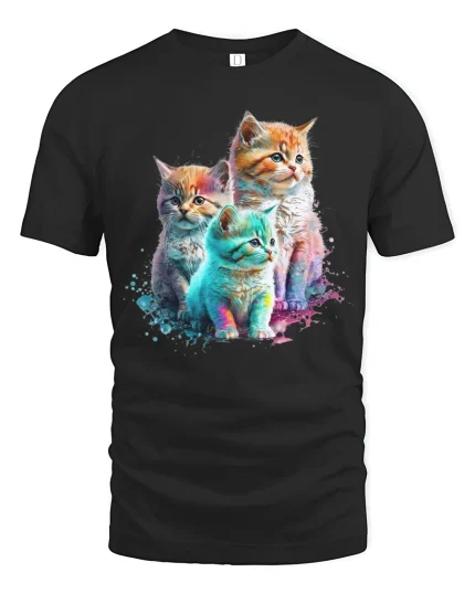 Colorful Watercolor Kittens Art Graphic T Shirt Cute Cat Style - black t-shirt on white background