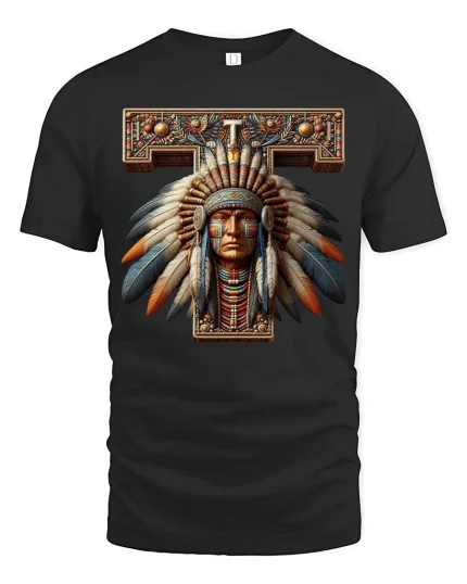 Tribal Warrior Letter T Native Art Graphic T Shirt Bold Design - black t-shirt on white background