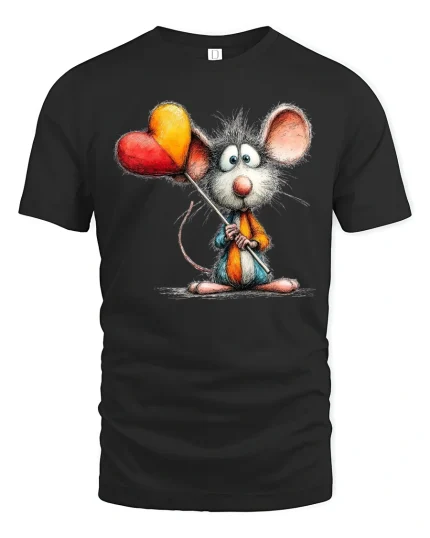 Cute Mouse With Heart Balloons Whimsical Art Graphic T Shirt - black t-shirt on white background