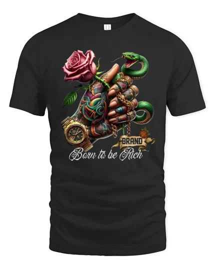 Born To Be Rich Snake Rose Luxury Graphic T Shirt Power - black t-shirt on white background