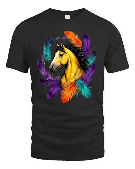 Majestic Horse Feather Art Graphic T Shirt Color Spirit - black t-shirt on white background