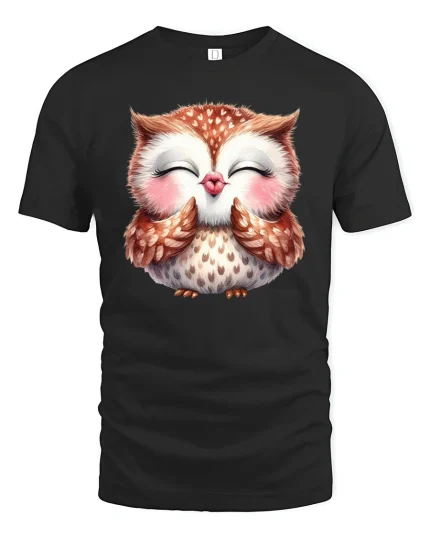 Cute Blushing Owl Illustration Graphic T Shirt Sweet Smile - black t-shirt on white background