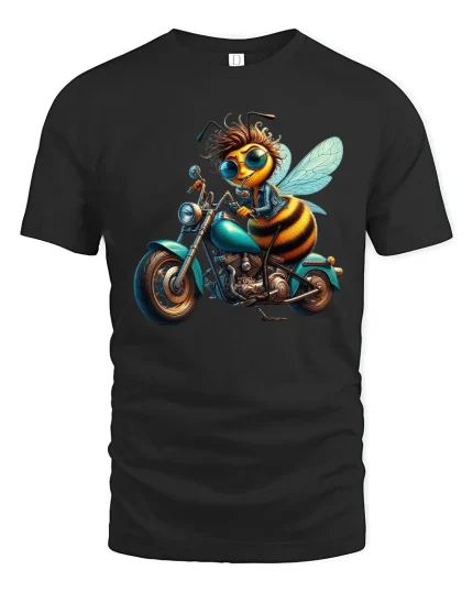 Cool Biker Bee Illustration Graphic T Shirt Funny Ride - black t-shirt on white background