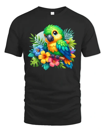 Colorful Parrot Tropical Art Graphic T Shirt Nature Style - black t-shirt on white background