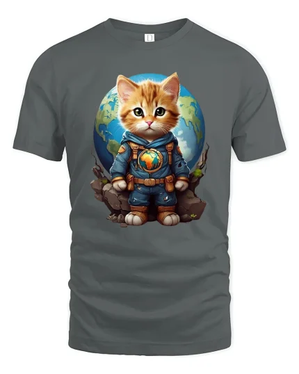 Astronaut Cat Earth Explorer Graphic T Shirt Cute Space Art - gray t-shirt on white background