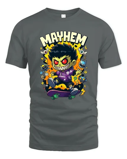 Mayhem Chaos Skate Kid Graphic T Shirt Cartoon Energy - gray t-shirt on white background