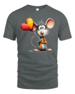Cute Mouse With Heart Balloons Whimsical Art Graphic T Shirt - gray t-shirt on white background