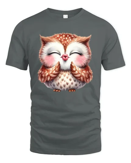 Cute Blushing Owl Illustration Graphic T Shirt Sweet Smile - gray t-shirt on white background