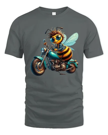 Cool Biker Bee Illustration Graphic T Shirt Funny Ride - gray t-shirt on white background