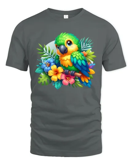 Colorful Parrot Tropical Art Graphic T Shirt Nature Style - gray t-shirt on white background