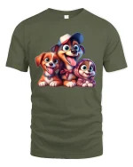 Cute Cartoon Dog Family Smiling Puppy Illustration Graphic T Shirt - military green t-shirt on white background