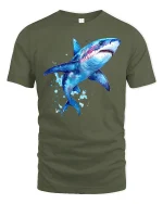 Watercolor Shark Ocean Art Graphic T Shirt Bold Sea Style - military green t-shirt on white background